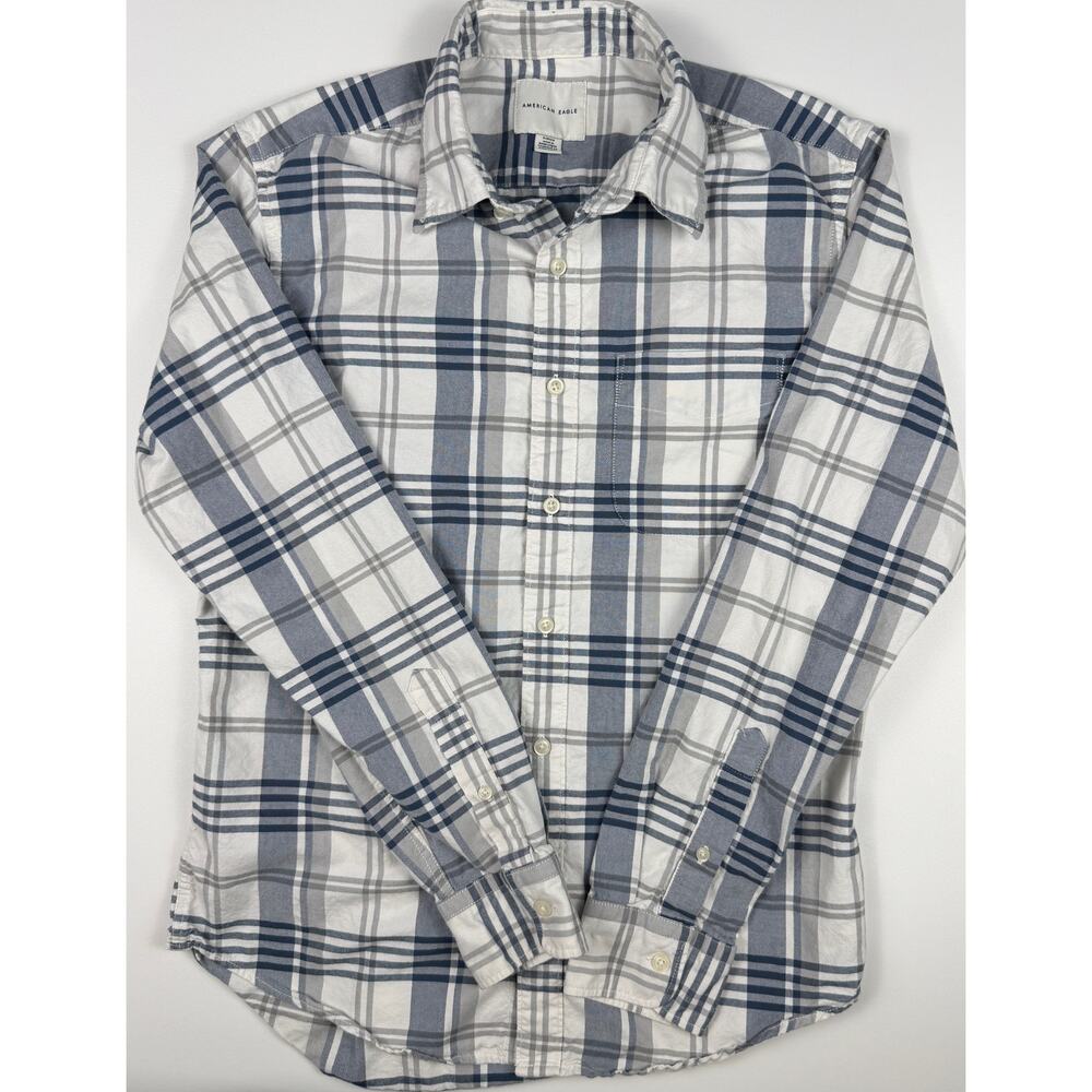American Eagle Women’s Plaid Button Up Shirt Small Blue Gray Long Sleeve - Picture 1 of 5